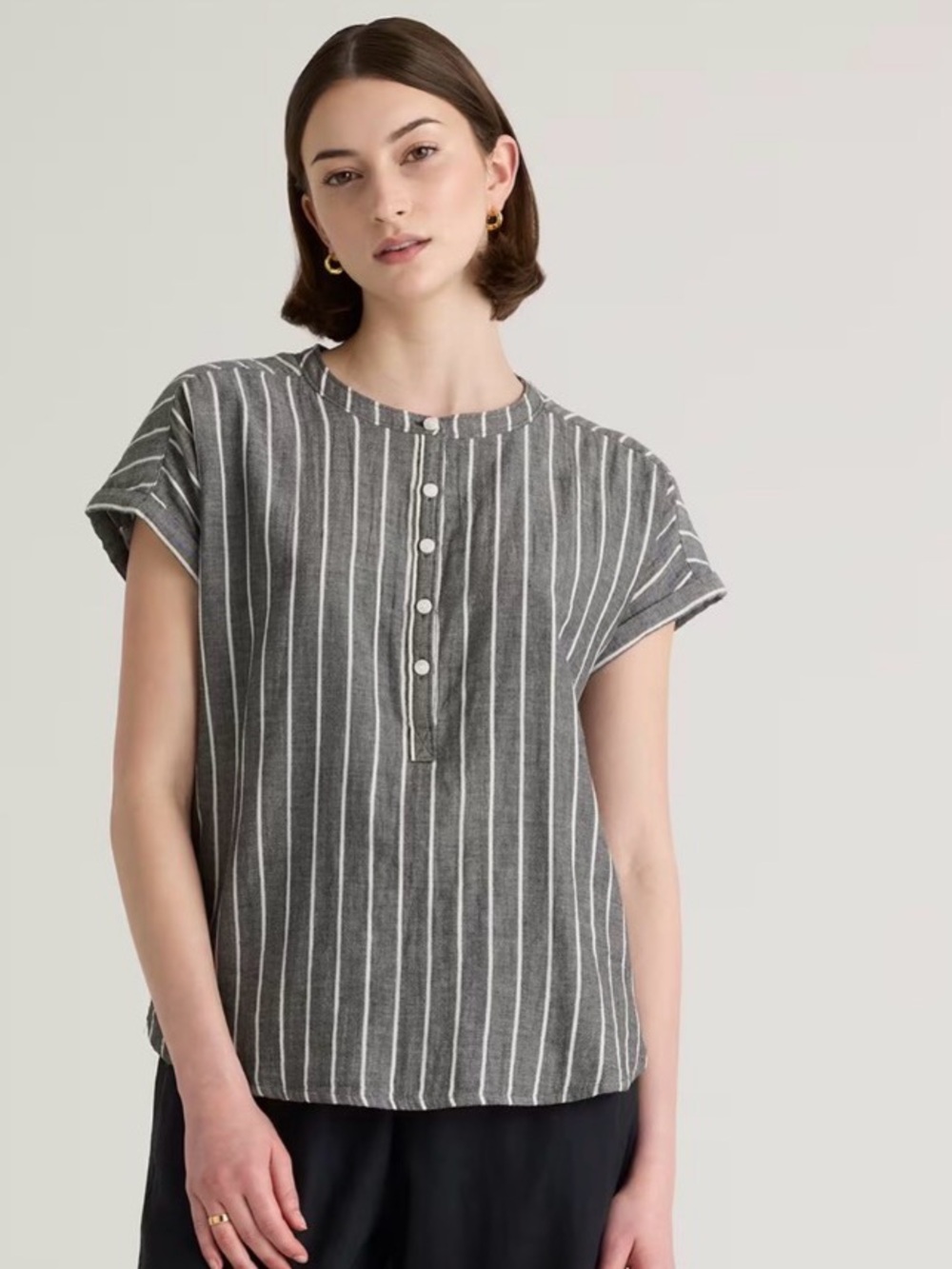 Quince Stripe Half Button 100% Organic Cotton Gauze Top Size M Charcoal & White